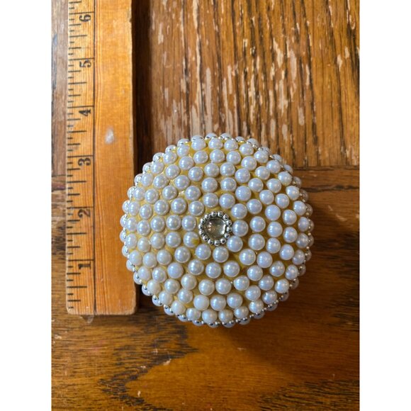 Vintage Pearl-Embellished Round Jewelry Trinket Box With Rhinestone Accent & Vel - Picture 3 of 7
